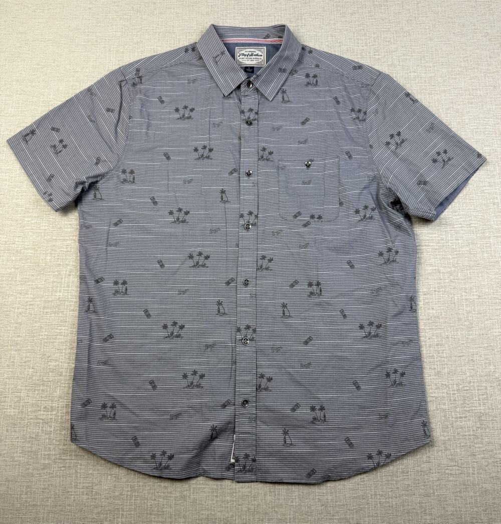 Flag & Anthem Shirt Men’s Large Gray Striped Hawaiian Tiki Print Short Sleeve